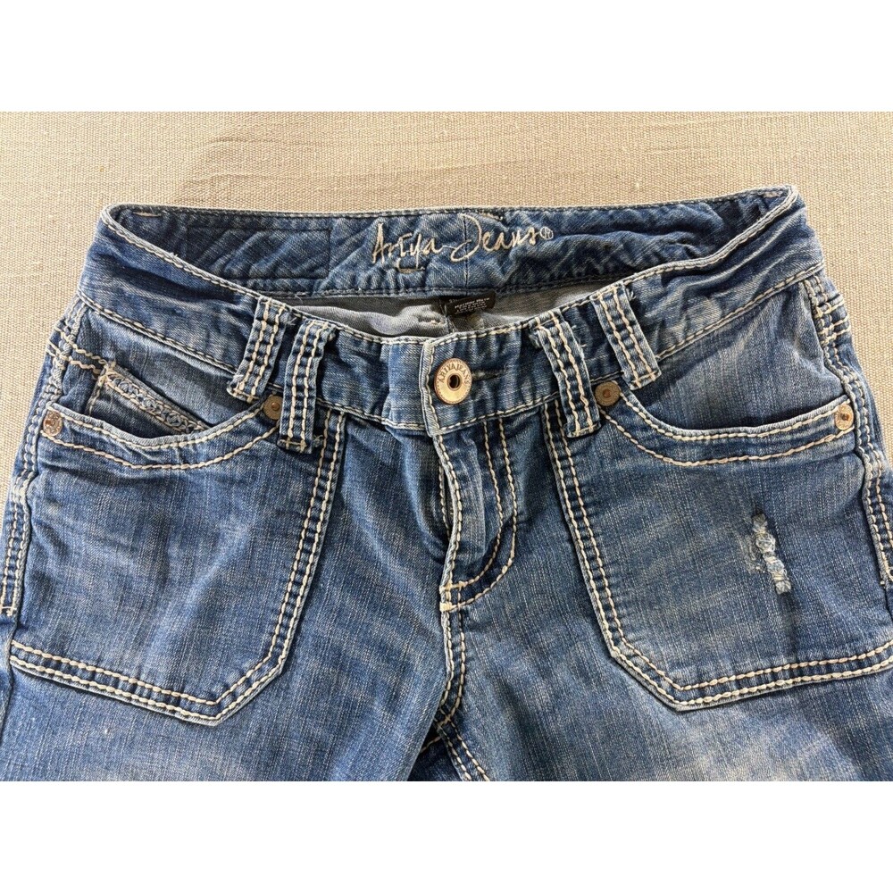 Ariya Jeans Y2K Low Rise Distressed Bootcut Denim Embroidered Pockets Size 5/6